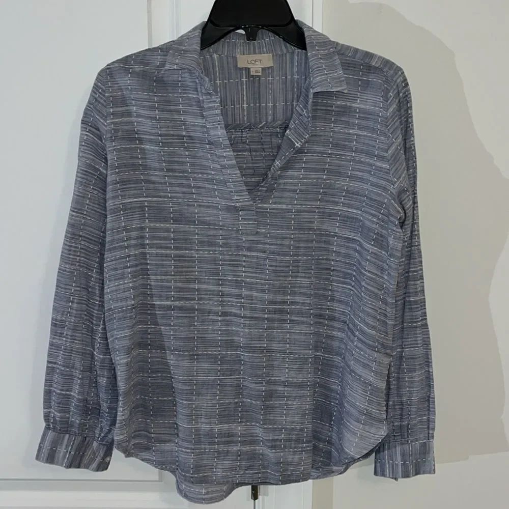 LOFT Carolina Soft Blue long sleeve blouse shirt Activewear Shirt S Plaid Cotton